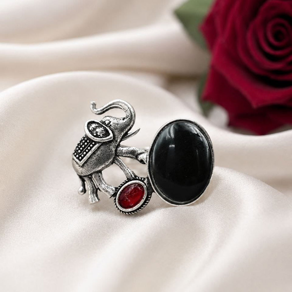 Maharani Jewels Oxidised Elephant Pota Stone Statement Ring