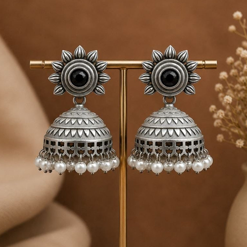 Maharani Jewels Inspired Oxidised Plated Pota Stone And Pearl Jhumki Earrings