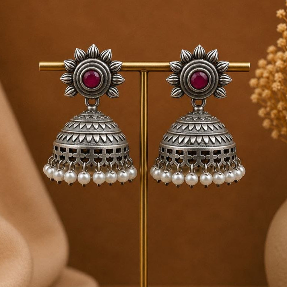 Maharani Jewels Inspired Oxidised Plated Pota Stone And Pearl Jhumki Earrings