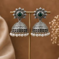 Maharani Jewels Inspired Oxidised Plated Pota Stone And Pearl Jhumki Earrings