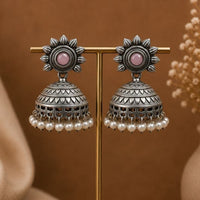 Maharani Jewels Inspired Oxidised Plated Pota Stone And Pearl Jhumki Earrings