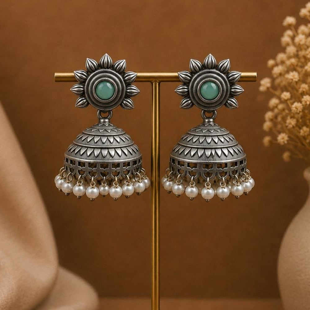Maharani Jewels Inspired Oxidised Plated Pota Stone And Pearl Jhumki Earrings
