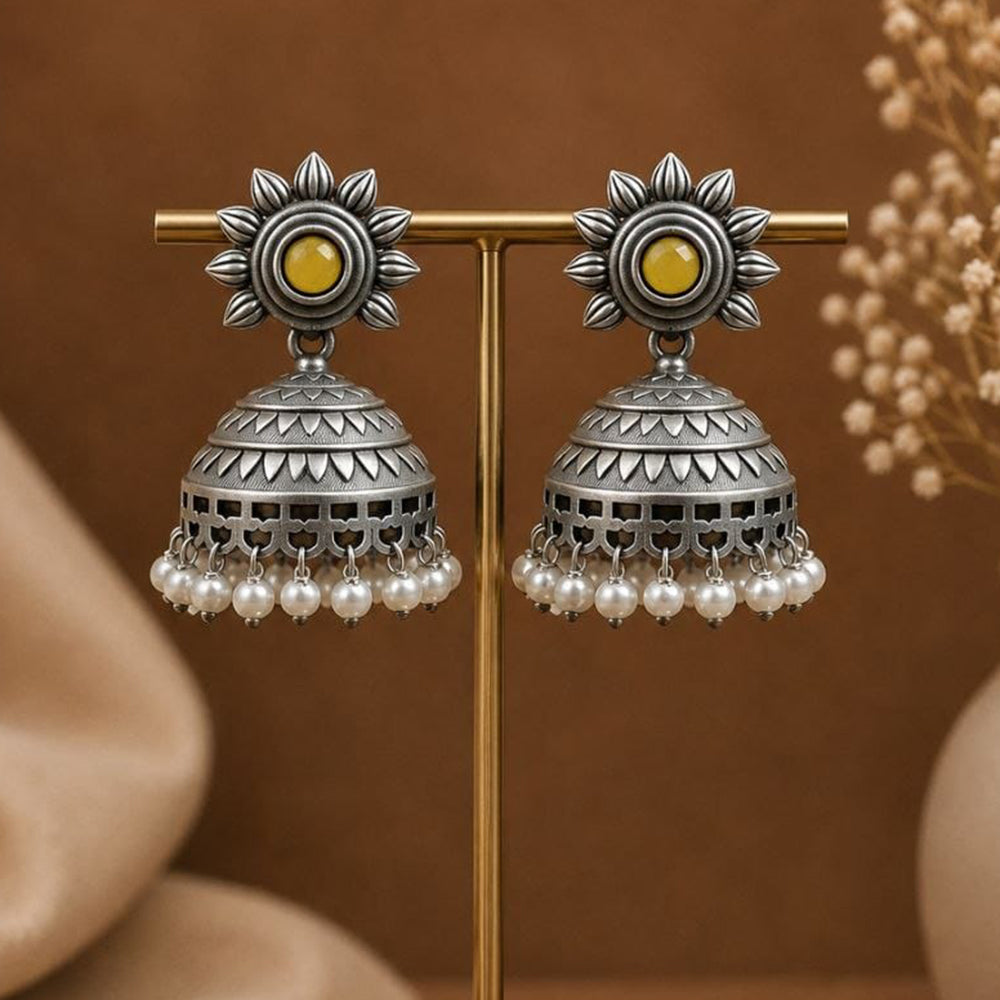 Maharani Jewels Inspired Oxidised Plated Pota Stone And Pearl Jhumki Earrings