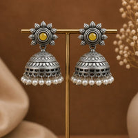 Maharani Jewels Inspired Oxidised Plated Pota Stone And Pearl Jhumki Earrings