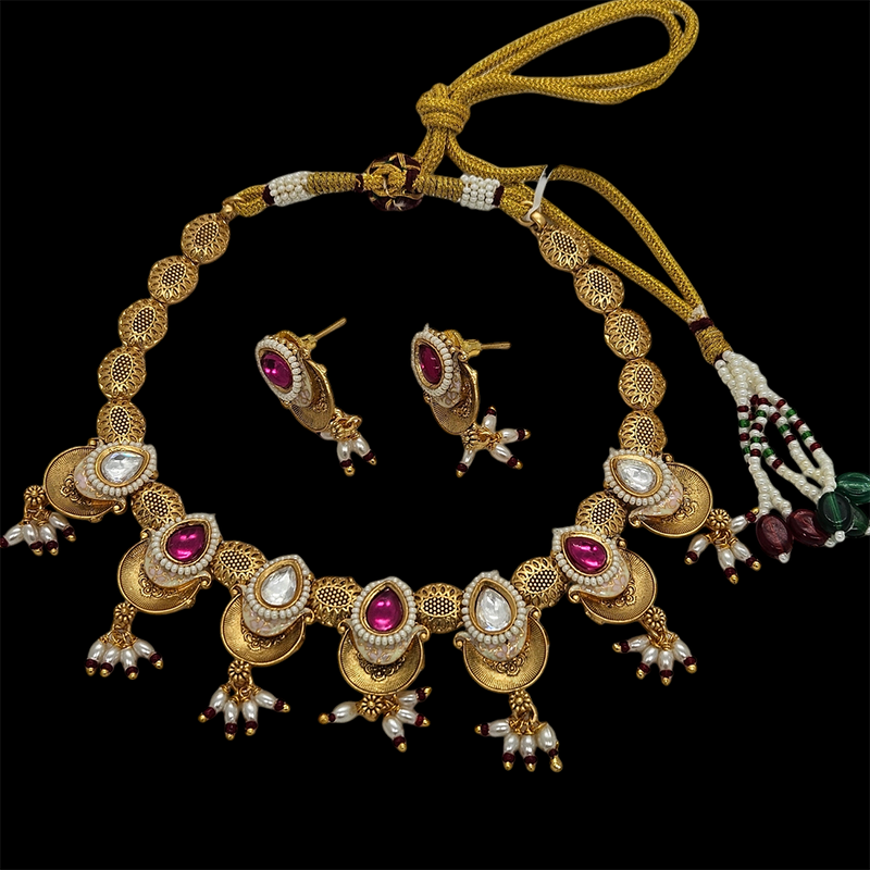 Nakoda Jewels Brass Copper Gold Plated Pota Stone And Pearls Necklace Set