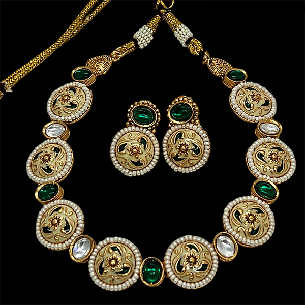 Nakoda Jewels Brass Copper Gold Plated Pota Stone Necklace Set