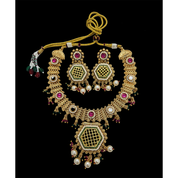 Nakoda Jewels Brass Copper Gold Plated Pota Stone And Pearls Necklace Set