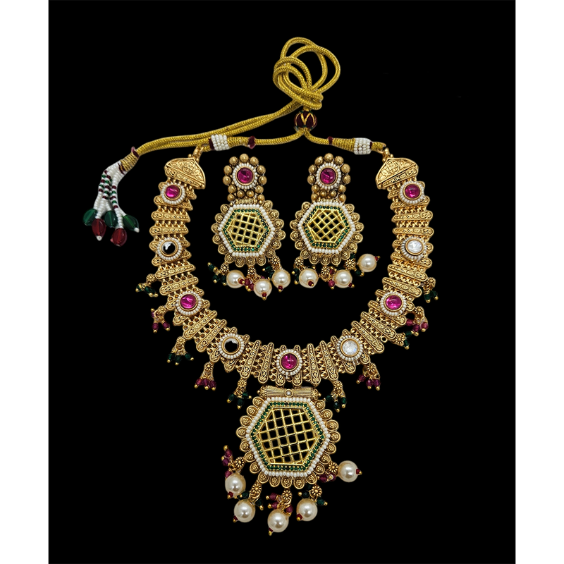 Nakoda Jewels Brass Copper Gold Plated Pota Stone And Pearls Necklace Set