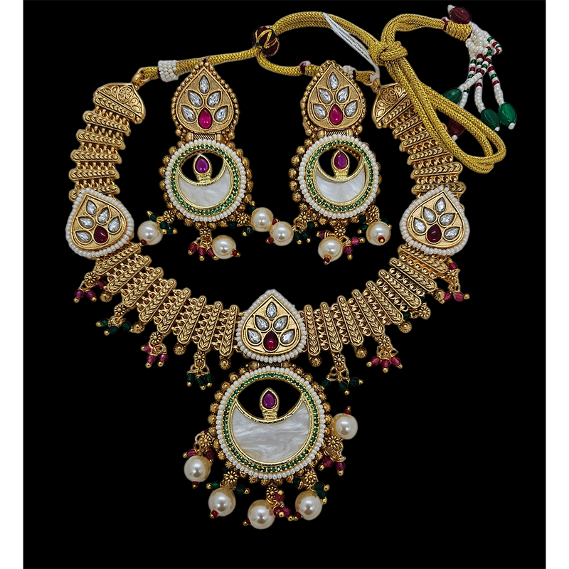 Nakoda Jewels Brass Copper Gold Plated Pota Stone And Pearls Necklace Set