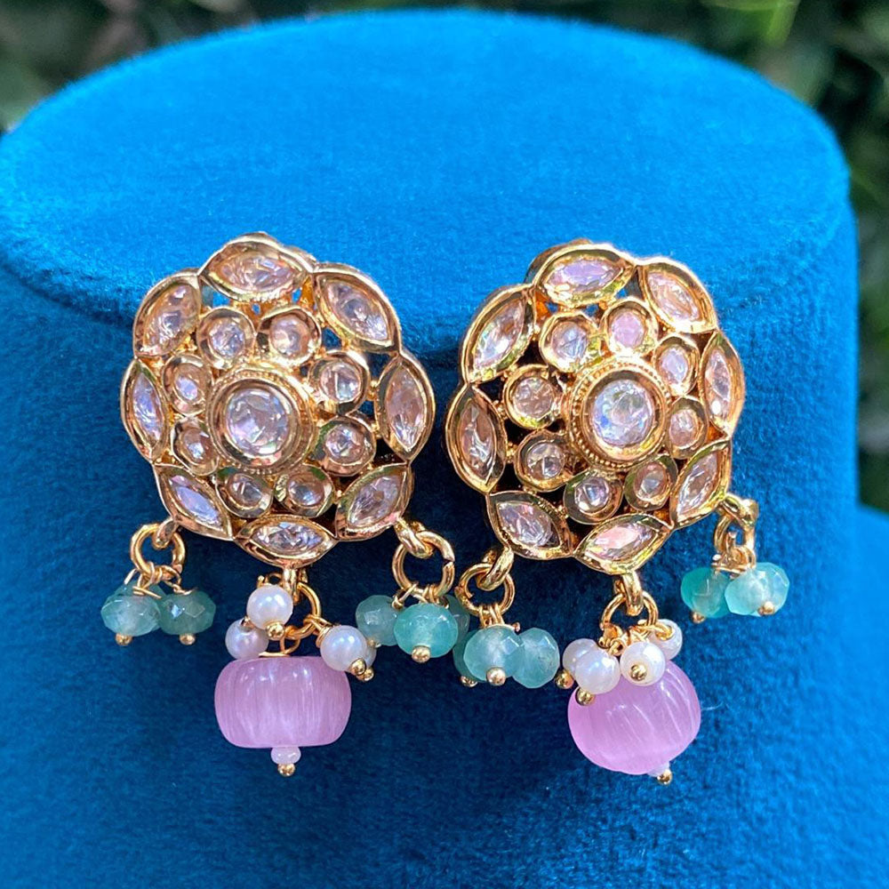 Royal Kundan Jewellery Gold Plated Crystal Stone And Beads Dangler Earrings