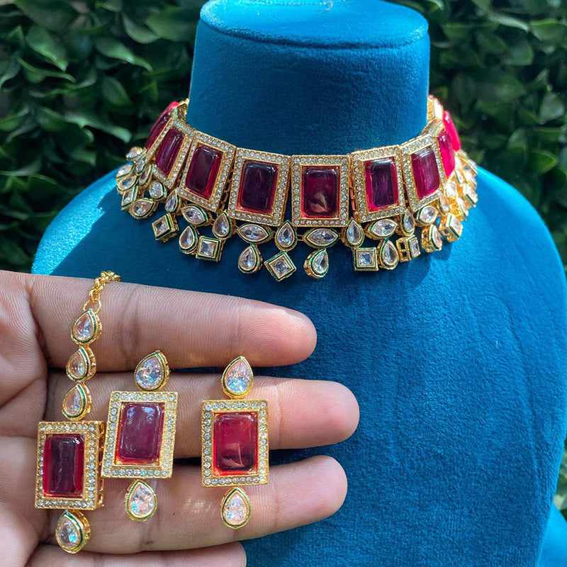 Prime Kundan Jewellery Gold Plated Crystal Stone Choker Necklace Set