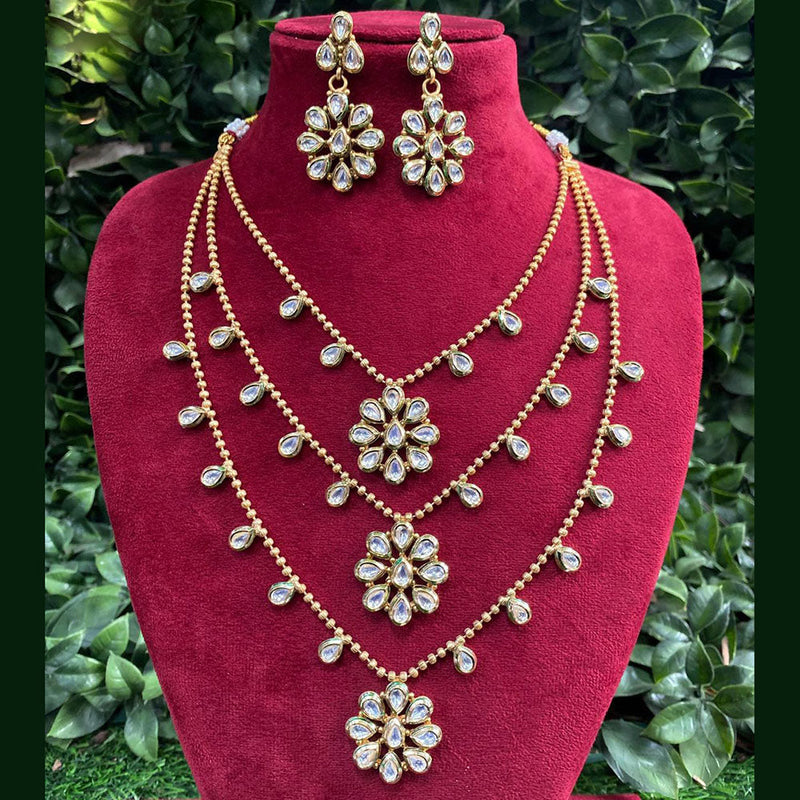 Prime Kundan Jewellery Gold Plated Crystal Stone Multi Layer Necklace Set