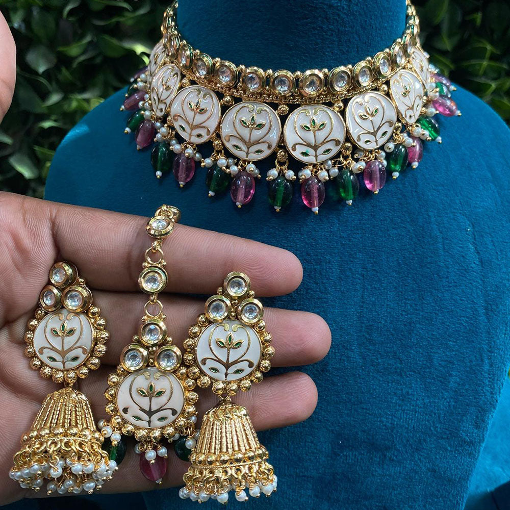 Royal Kundan Jewellery Gold Plated Crystal Stone And Beads Choker Necklace Set