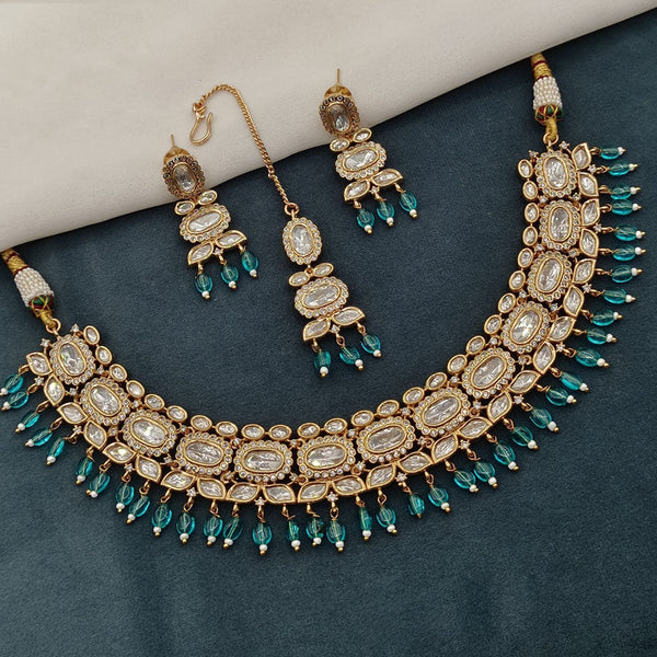 Royal Kundan Jewellery Gold Plated Crystal Stone And Beads Necklace Set