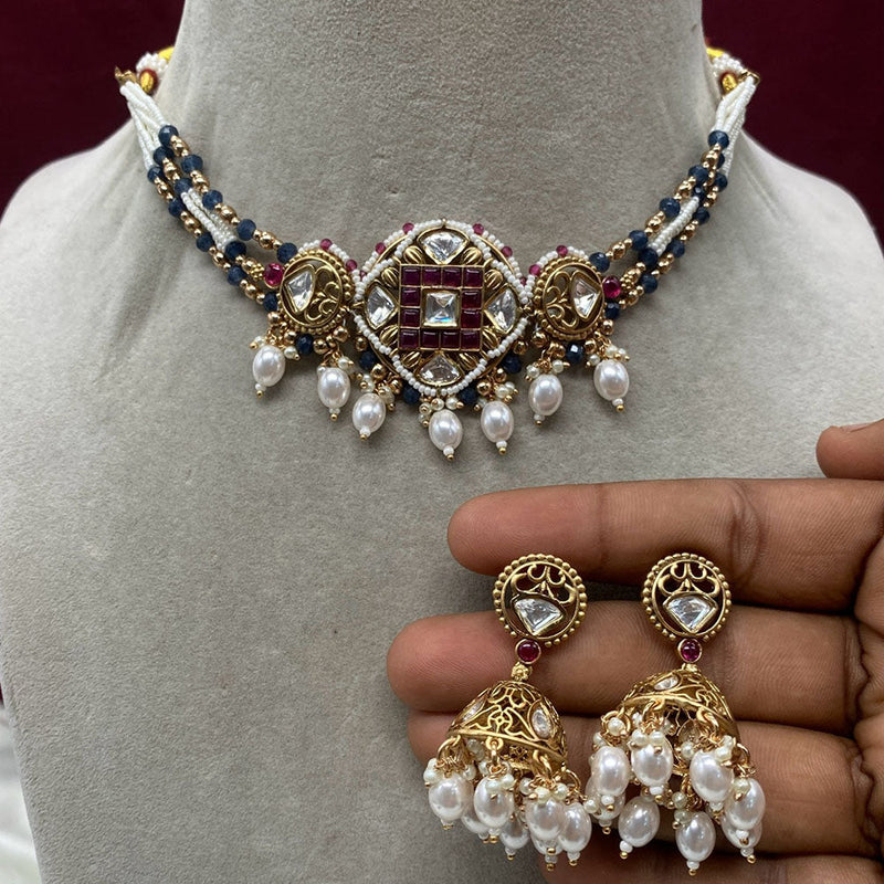 Prime Kundan Jewellery Gold Plated Polki Kundan And Pearls Choker Necklace Set