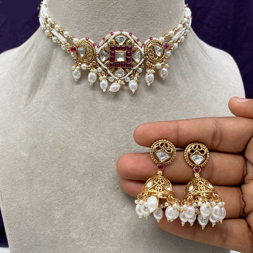 Royal Kundan Jewellery Gold Plated Polki Kundan And Pearls Choker Necklace Set