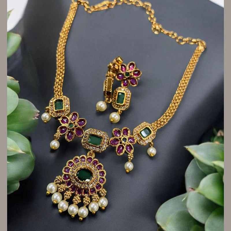 Prime Kundan Jewellery Gold Plated Pota Stone And Pearls Necklace Set