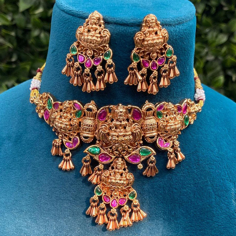 Prime Kundan Jewellery Rose Gold Plated Pota Stone Temple Necklace Set