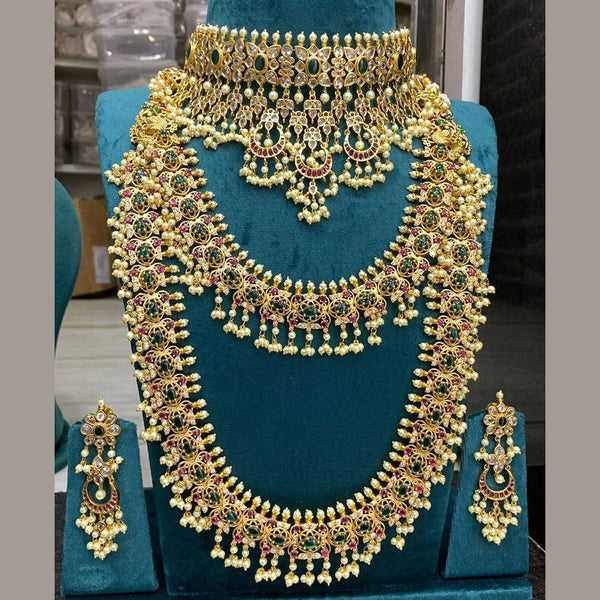 Prime Kundan Jewellery Gold Plated Pota Stone And Pearls Necklace Combo Set