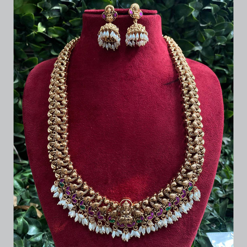 Royal Kundan Jewellery Gold Plated Pota Stone And Temple Long Necklace Set