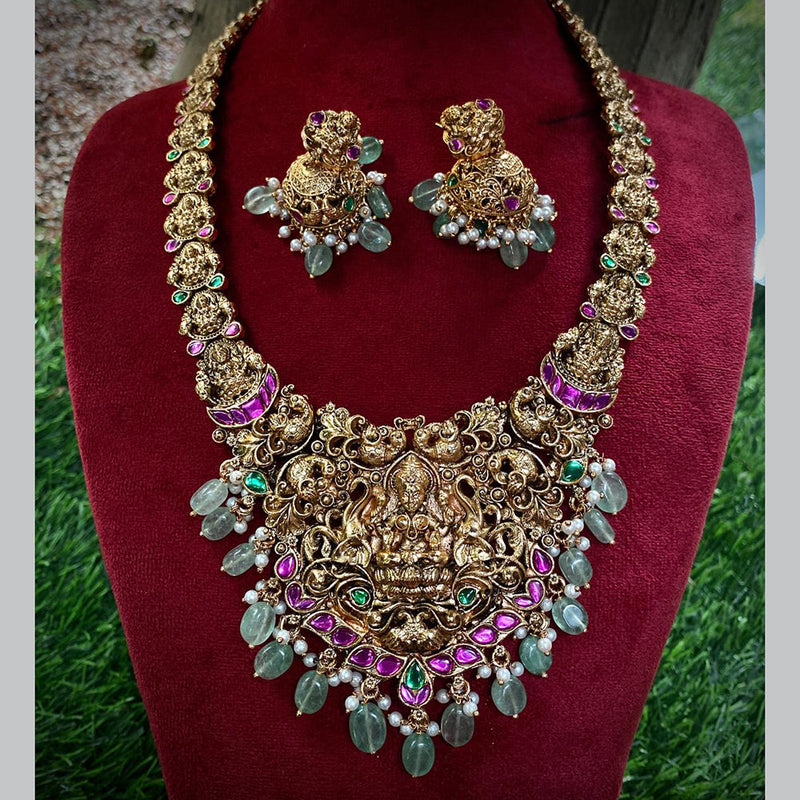 Royal Kundan Jewellery Gold Plated Pota Stone And Temple Long Necklace Set