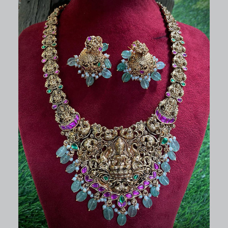 Royal Kundan Jewellery Gold Plated Pota Stone And Temple Long Necklace Set