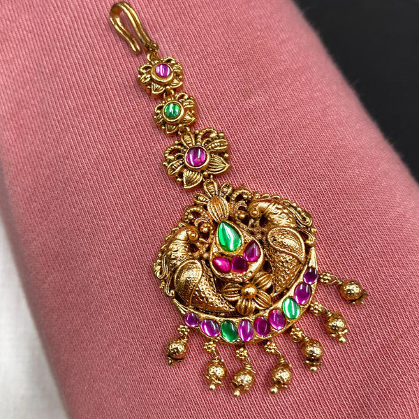 Royal Kundan Jewellery Gold Plated Pota Stone Maangtikka