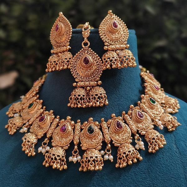 Royal Kundan Jewellery Gold Plated  Pota Stone And Pearls Choker Necklace Set