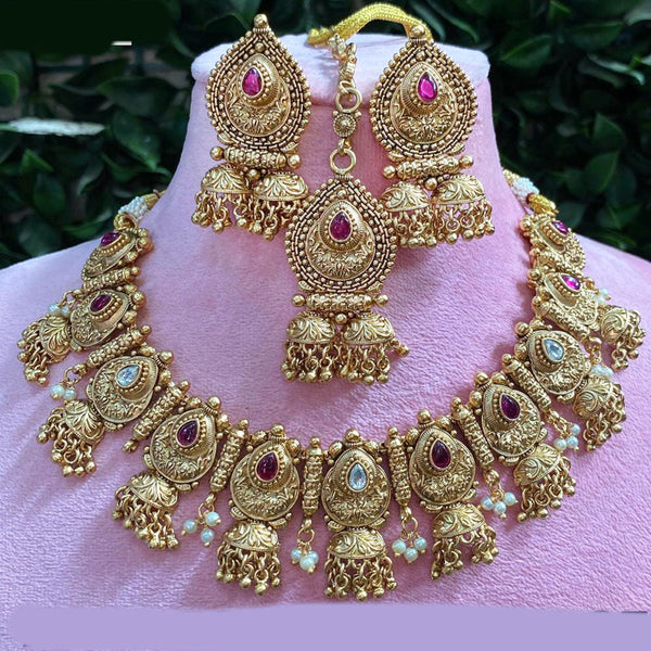 Royal Kundan Jewellery Gold Plated  Pota Stone And Pearls Choker Necklace Set