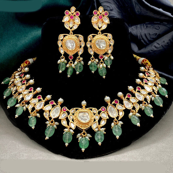 Royal Kundan Jewellery Gold Plated Polki Kundan And Beads Choker Necklace Set