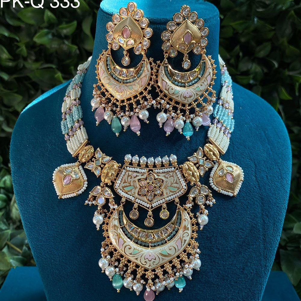 Royal Kundan Jewellery Gold Plated Polki Kundan And Pearls Meenakari Necklace Set