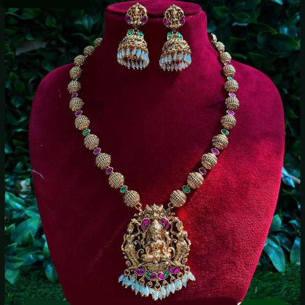 Royal Kundan Jewellery Gold Plated Pota Stone And Pearls Temple Necklace Set