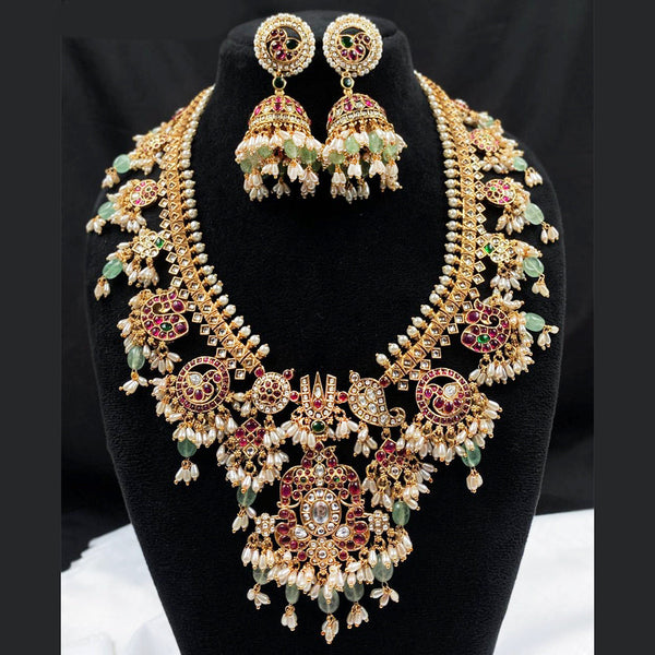 Royal Kundan Jewellery Gold Plated Pota Stone And Pearls Temple Necklace Set