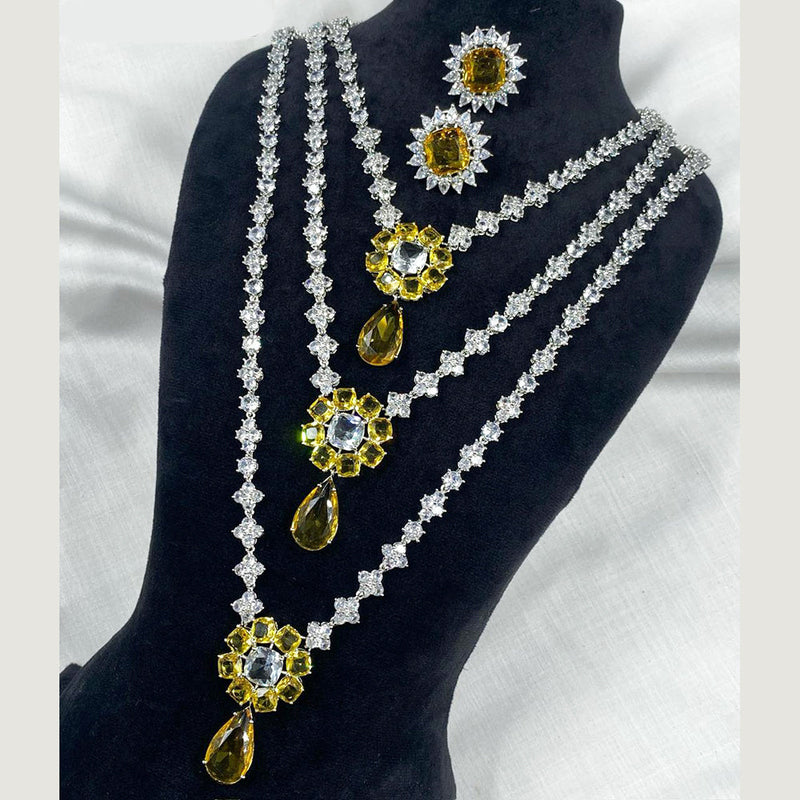 Royal Kundan Jewellery Silver Plated American Diamonds Multi Layer Necklace Set