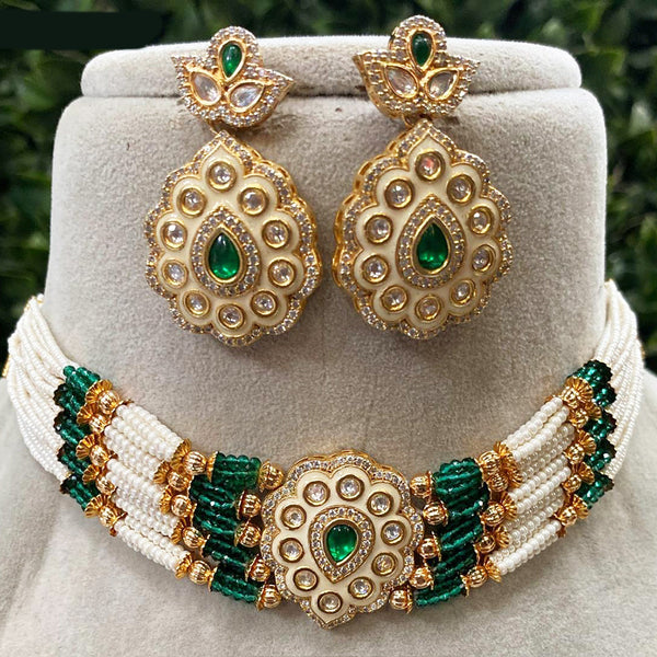 Royal Kundan Jewellery Gold Plated Pota Stone And Pearls Meenakari Choker Necklace Set