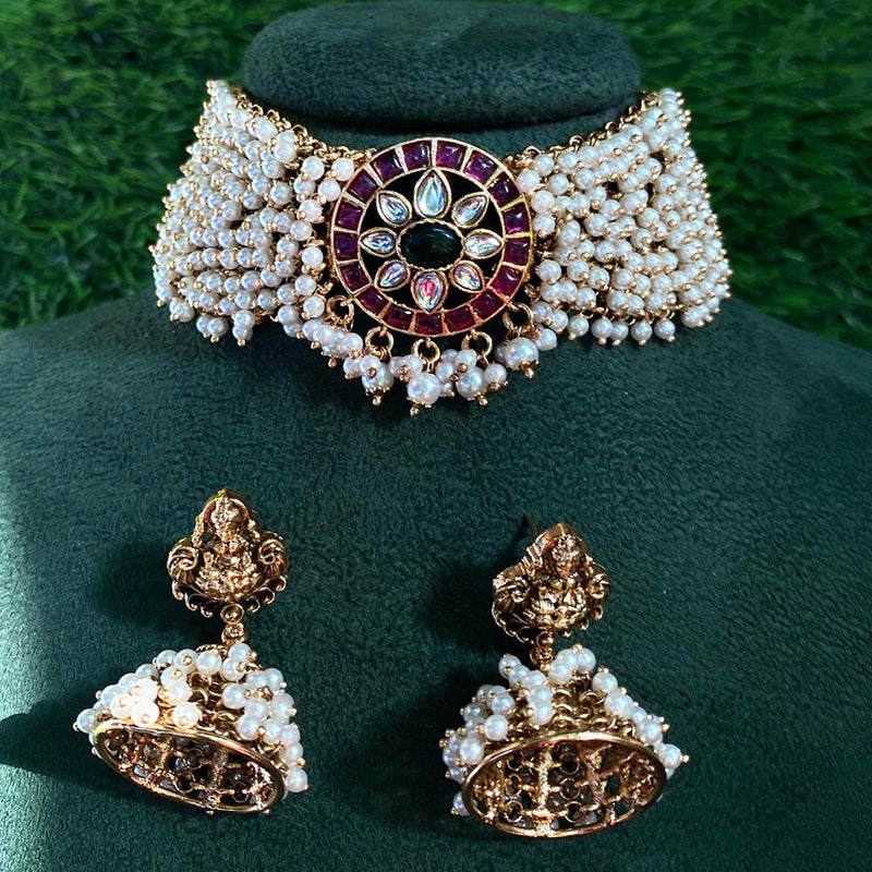 Royal Kundan Jewellery Gold Plated Pota Stone Temple Choker Necklace Set