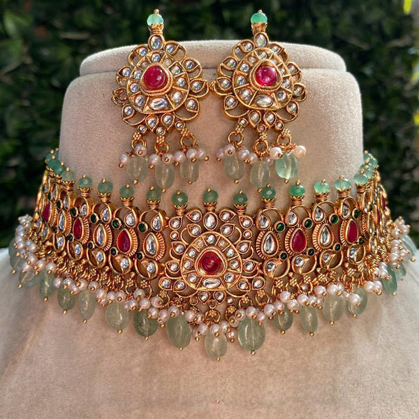 Royal Kundan Jewellery Gold Plated Kundan Stone And Pearls Choker Necklace Set