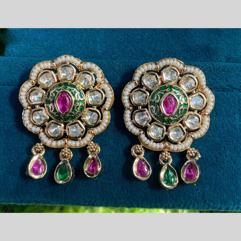 Royal Kundan Jewellery Gold Plated Polki Kundan And Pearls Meenakari Dangler Earrings