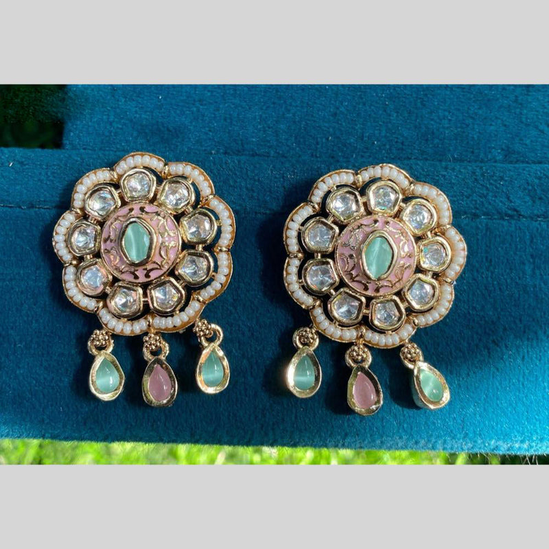 Royal Kundan Jewellery Gold Plated Polki Kundan And Pearls Meenakari Dangler Earrings