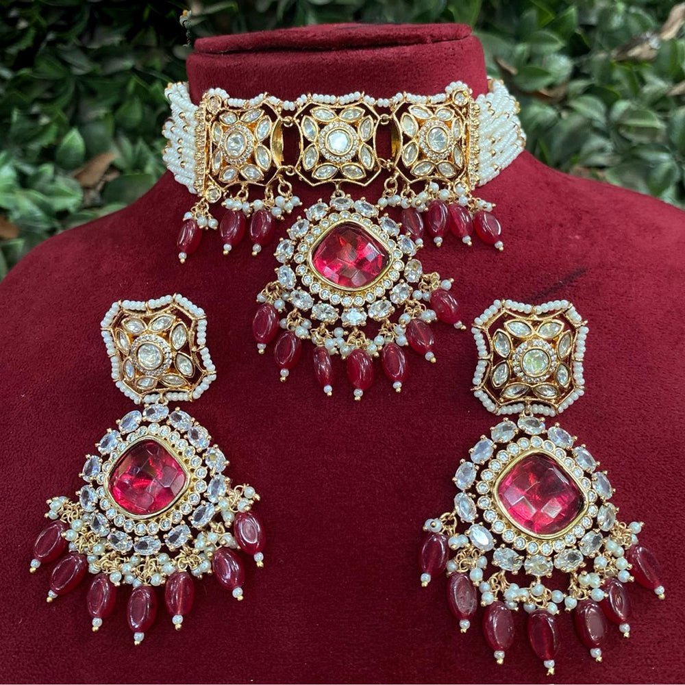 Royal Kundan Jewellery Gold Plated Polki Kundan Stone And Beads Choker Necklace Set