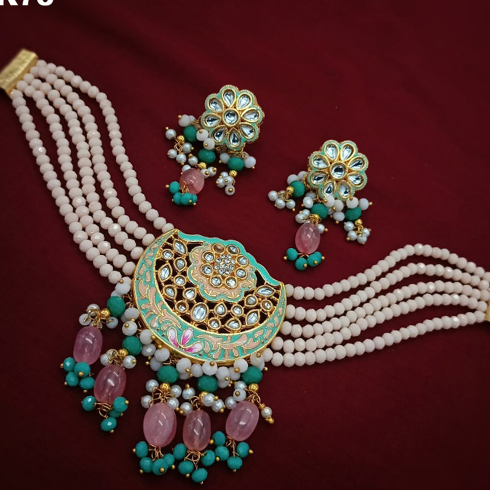 Royal Kundan Jewellery Gold Plated Kundan Stone And Pearls Meenaakri Choker Necklace Set