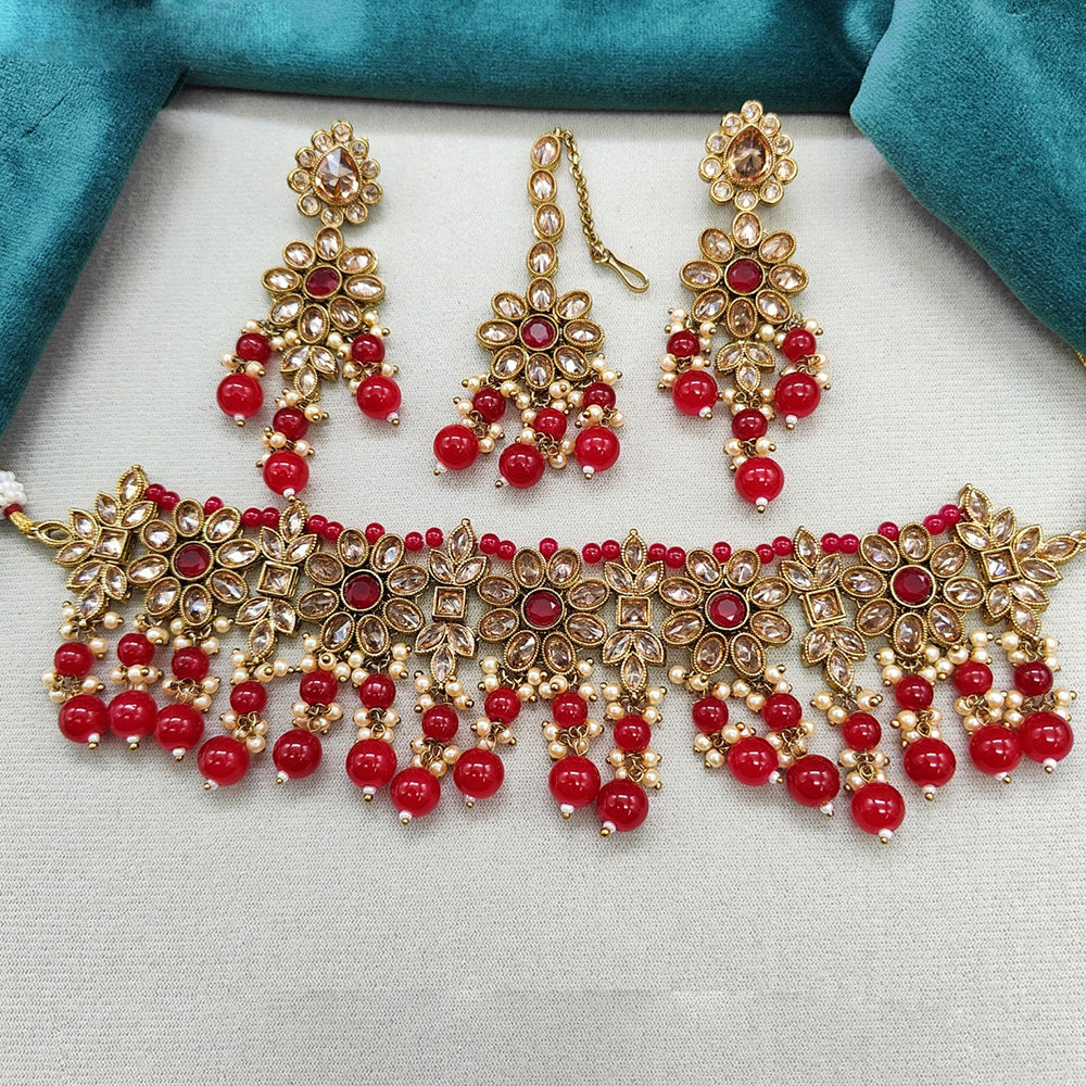 Royal Kundan Jewellery Gold Plated Crystal Stone And Beads Choker Necklace Set