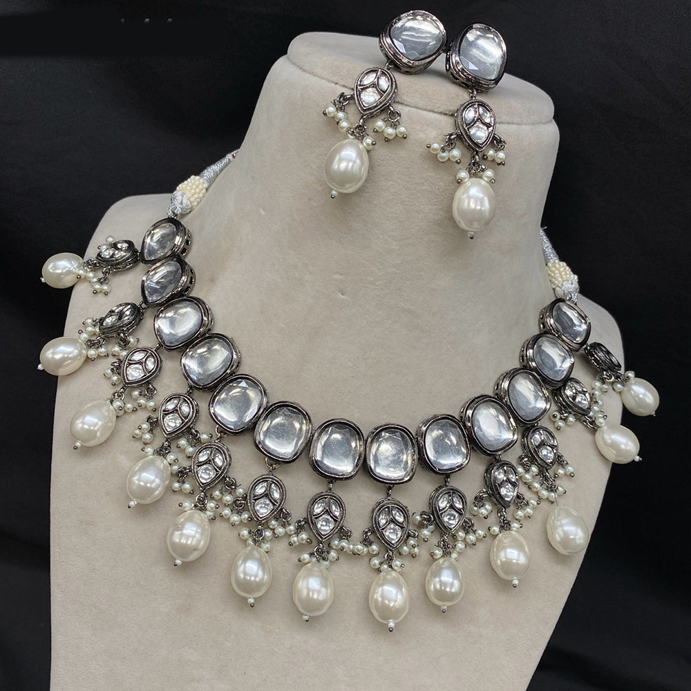 Royal Kundan Jewellery Oxidised Plated Kundan Stone And Pearls Necklace Set