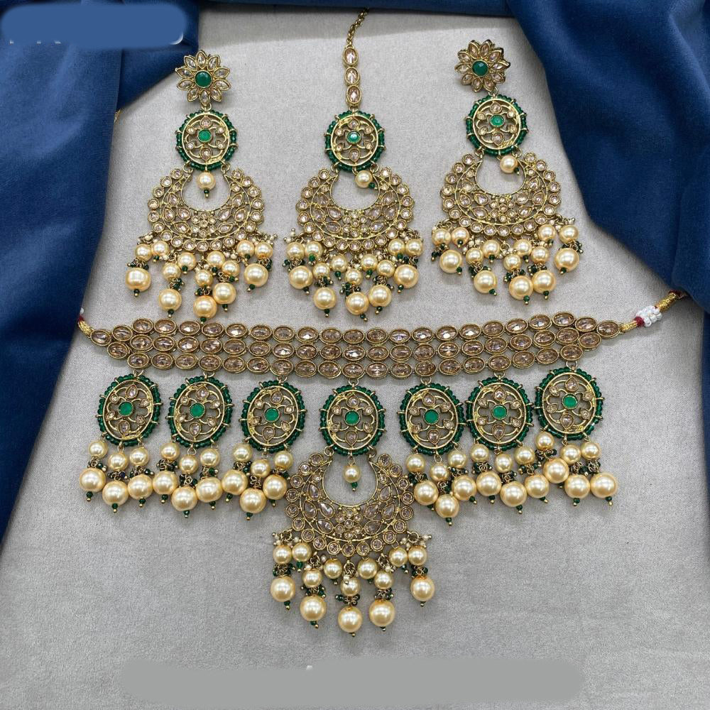 Royal Kundan Jewellery Gold Plated Crystal Stone And Pearls Choker Necklace Set
