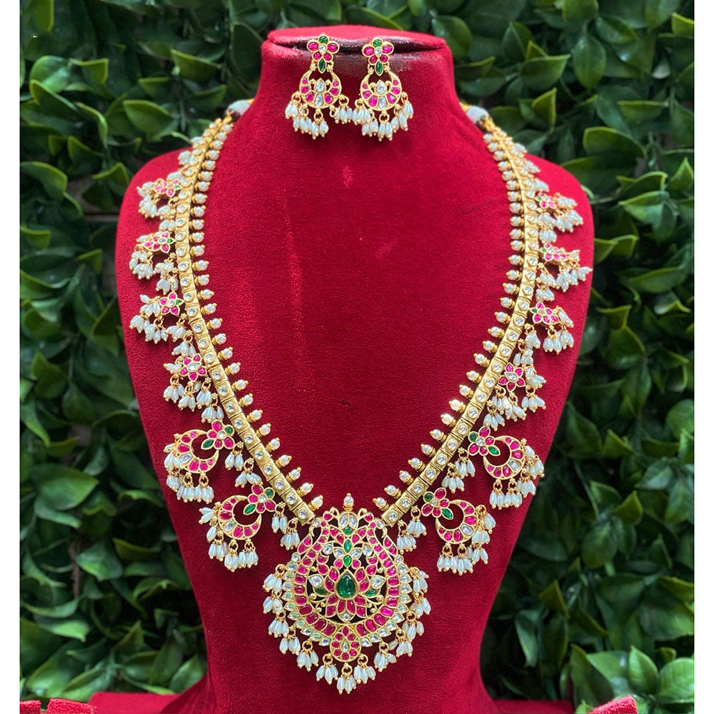 Royal Kundan Jewellery Premium Pota Stone Pearl And Beaded Necklace Set