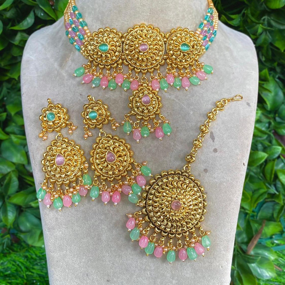 Royal Kundan Jewellery Gold Plated Crystal Stone And Beads Choker Necklace Set