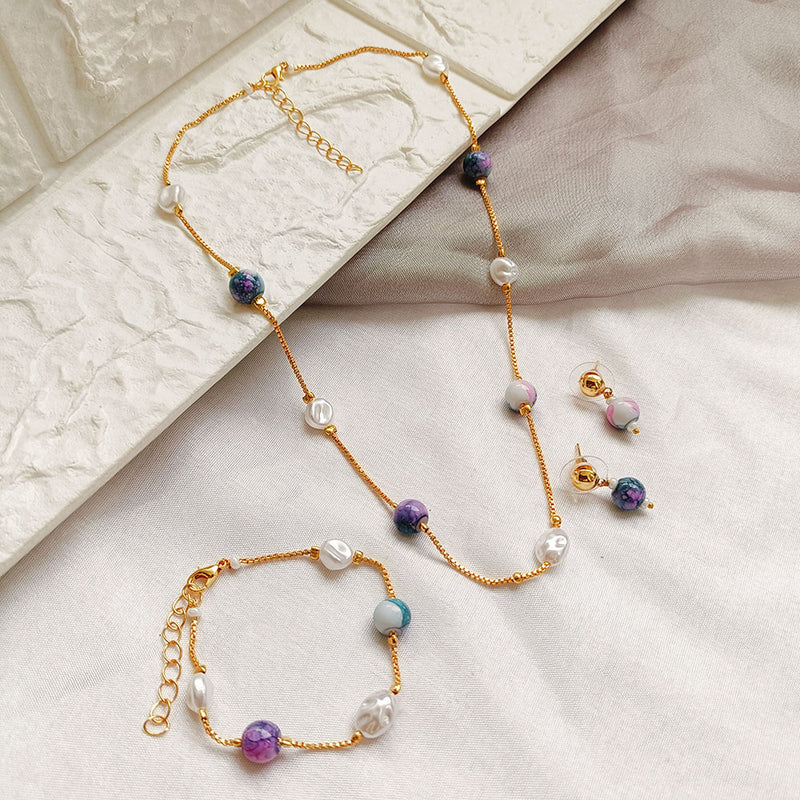 Jheel Jewels Gold Plated Pearl And Beads Multi Color Necklace Set With Bracelet (Assorted Design)