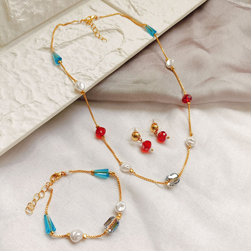 Jheel Jewels Gold Plated Pearl And Beads Multi Color Necklace Set With Bracelet (Assorted Design)