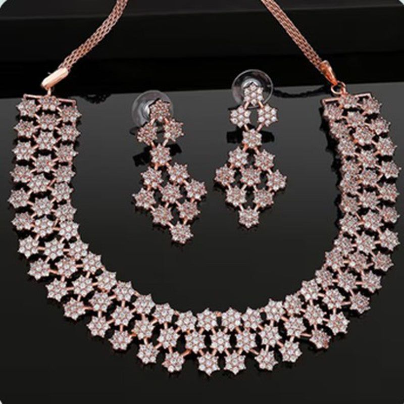 Beeji Creations Rose Gold Plated American Diamonds Necklace Set