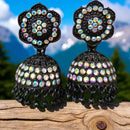 VM Antique Style Black Polish Rainbow Austrian Stone And Beads Jhumki Earrings